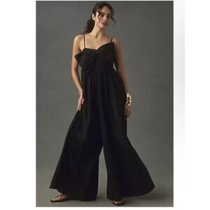 New Anthropologie Hutch Linen Jumpsuit Size 19 Bow Front Wide Leg Black